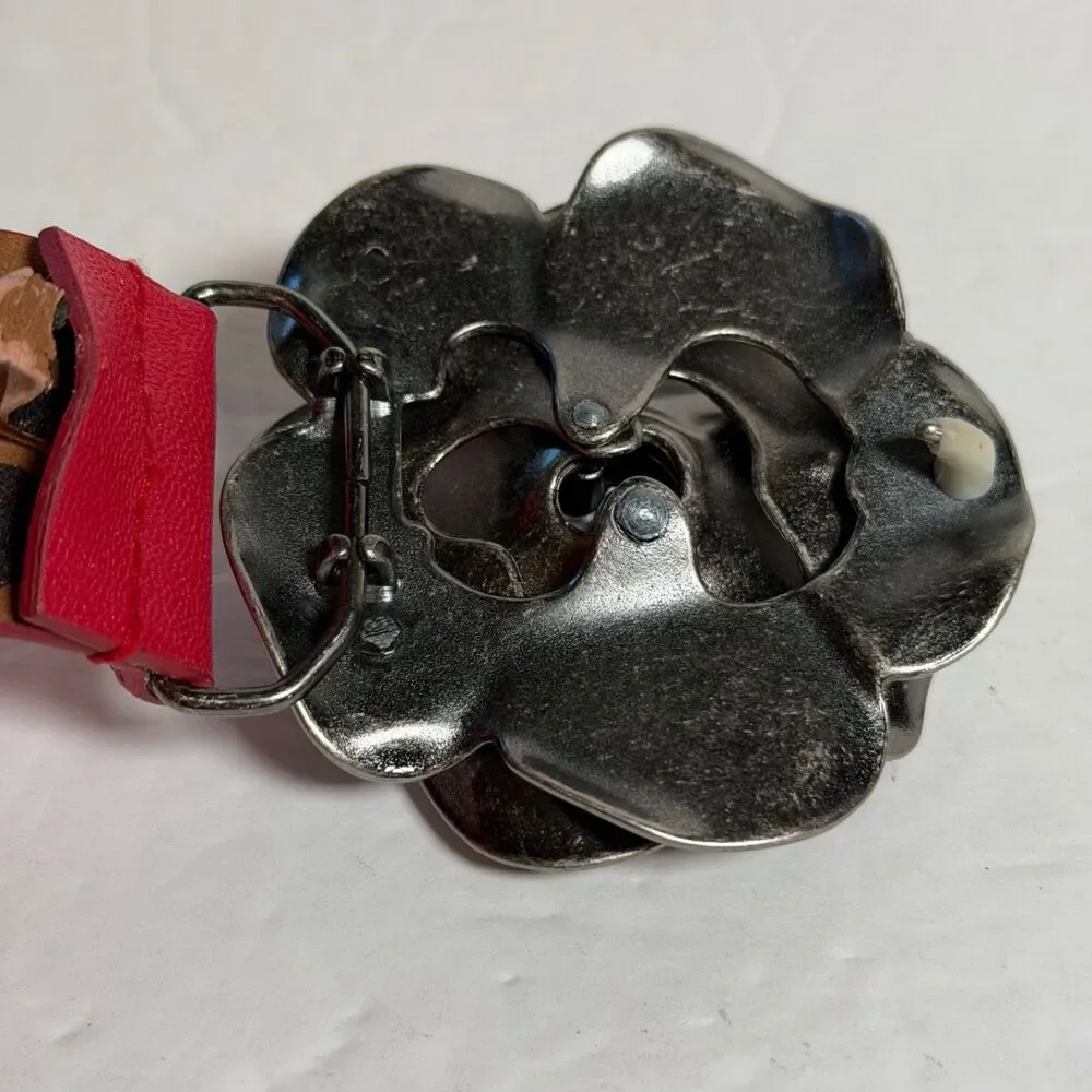 Betsey Johnson Red Waist Belt Large Flower Buckle Leopard Print Small 40